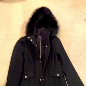 Michael Kors black 100% wool dress coat with fur trimmed fox hood.